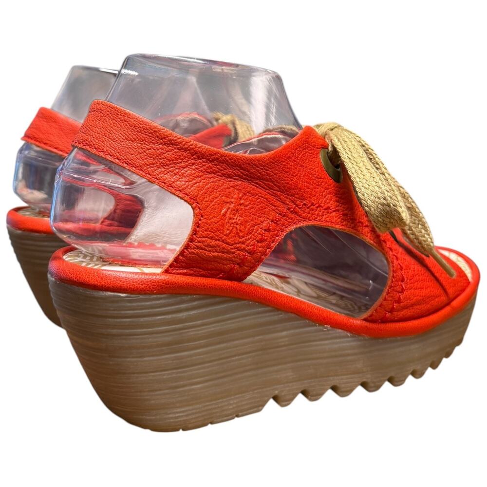FLY LONDON Yifa Women's 37/US 6.5 Orange Leather Wedge Sandals Lace Up Comfort - Picture 5 of 15